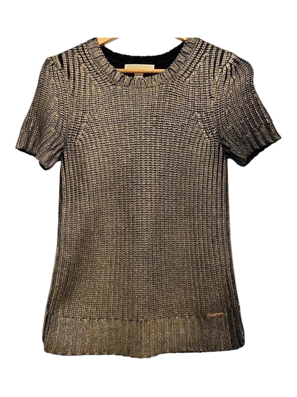 Michael Kors shimmer knit black gold angora blend short sleeve top small sweater